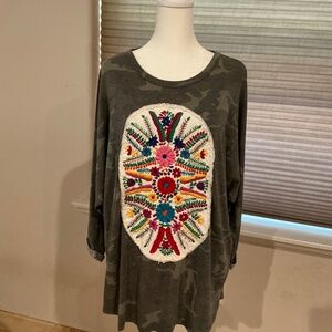 Unique Upcycled Camo/Mexican Embroidered Top Size XL